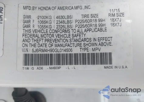 2016 Honda Cr-V Touring из США, поврежденный, VIN 5J6RM4H90GL014506